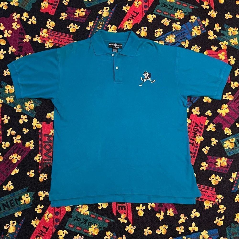 ’95 Warner Bros. Studio Store Tasmanian Devil Golfing Teal Polo Shirt / Size L